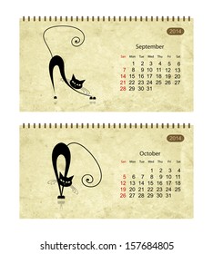 Calendar 2014 with black cats on grunge paper. November and december