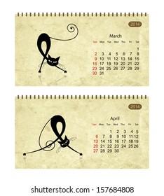Calendar 2014 with black cats on grunge paper. March and april