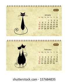 Calendar 2014 with black cats on grunge paper. January and february