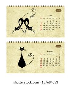 Calendar 2014 with black cats on grunge paper. July and august