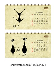 Calendar 2014 with black cats on grunge paper. November and december