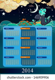 Calendar 2014 with cartoon clouds and whale