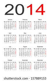 calendar 2014, English, Monday start.