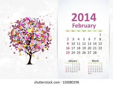 Calendar for 2014, february