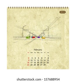 Calendar 2014, february. Streets of the city, sketch for your design