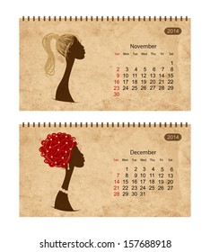 Calendar 2014 with female profile on grunge paper. November and december