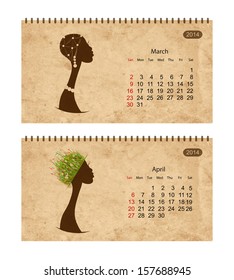 Calendar 2014 with female profile on grunge paper. March and april