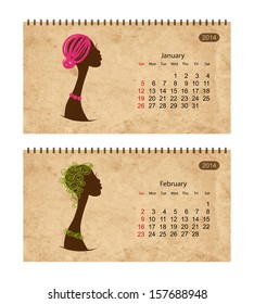 Calendar 2014 with female profile on grunge paper. January and february