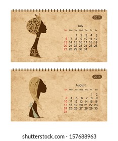 Calendar 2014 with female profile on grunge paper. July and august