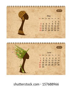 Calendar 2014 with female profile on grunge paper. May and june