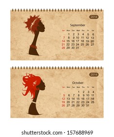 Calendar 2014 with female profile on grunge paper. September and october