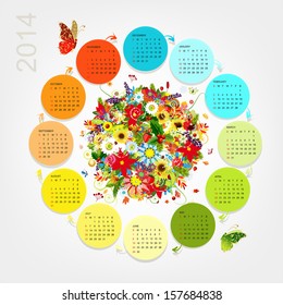 Calendar 2014 with four season bouquet for your design