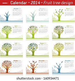 Calendar 2014 Fruit Tree Design. Vector isolated on white. 