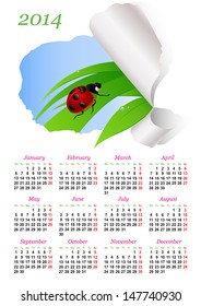 Calendar for 2014 with green grass and ladybird