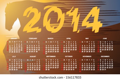 Calendar for 2014.  Horse silhouette on sunrise background