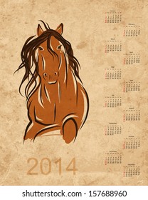 Calendar 2014, horse sketch on grunge paper