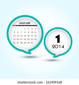 Calendar 2014 January with glossy speech bubble  (week starts from Sunday) 