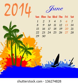 Calendar for 2014 June with palm trees and windsurfers silhouette, vector illustration