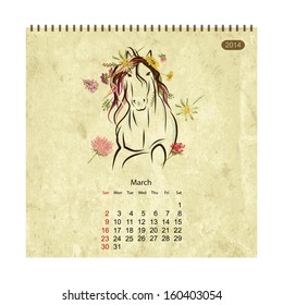 Calendar 2014, march. Art horses for your design