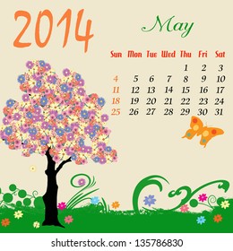 Calendar for 2014 May with flowering tree and  butterfly, vector illustration