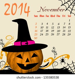 Calendar for 2014 November with Halloween elements, vector illustration