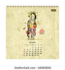 Calendar 2014, october. Art horses for your design
