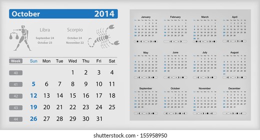 Calendar 2014 - October highlighted