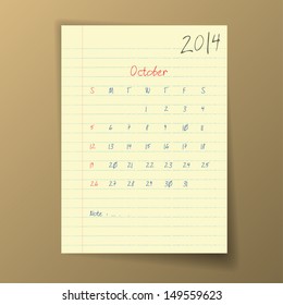 Calendar 2014 October in sketch style on notebook sheet. Vector illustration.