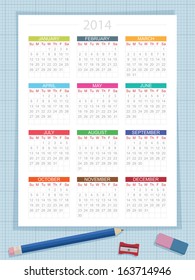 calendar for 2014 on graph paper background, with pencil, eraser and sharpener, eps 10 format with transparencies.