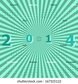 Calendar 2014 on green rays background, stock vector