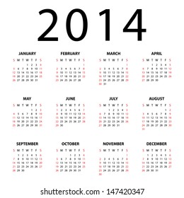 Calendar for 2014 on white background. Vector EPS10