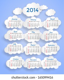 Calendar 2014. Paper clouds background. Vector eps10