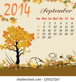 Calendar for 2014 September with autumn tree and leaves, vector illustration