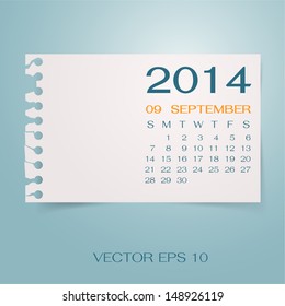 Calendar 2014 September on torn paper with copy space for your design. Vector illustration.