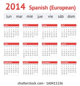 Kalender 2014 (Spanien). Europäischer Spanischer Kalender. Woche beginnend am Montag