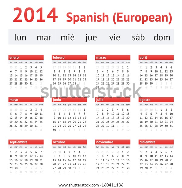 Calendar 14 Spain European Spanish Calendar Stock Vector Royalty Free