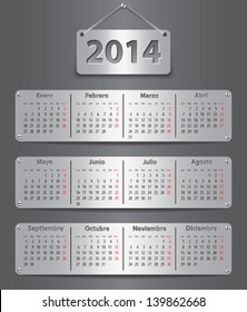 Calendar for 2014 in Spanish with attached metallic tablets. Vector illustration