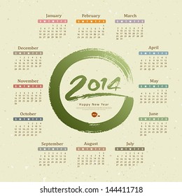 Calendar 2014 text circle paint brush, recycle paper background, vector illustration