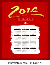 Calendar 2014 text paint brush on red textures background, vector illustration
