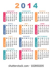 Calendar 2014 (week starts with sunday). Vector illustration.