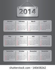 Calendar for 2014 year in English attached with metallic tablets. Vector illustration