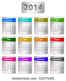 Calendar for 2014 year in English with colorful stickers. Vector illustration