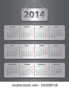 Calendar for 2014 year in French with attached metallic tablets. Vector illustration