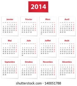 Calendar for 2014 year in French on white paper. Vector illustration