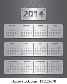 Calendar for 2014 year in German attached with metallic tablets. Vector illustration