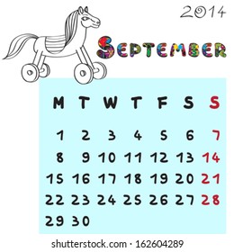 Calendar 2014 year of the horse, graphic illustration of September monthly calendar with toy doodle and original hand drawn text, colored format for kids