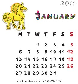 Calendar 2014 year of the horse, graphic illustration of January monthly calendar with toy doodle and original hand drawn text, colored format for kids