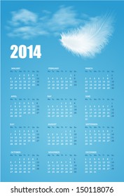 Calendar for 2014 year with illustration of white fluffy feather