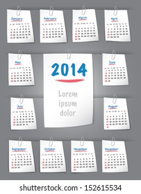 Calendar for 2014 year on sticky notes attached to the background with paper clips. Sundays first. Vector illustration