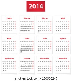 Calendar for 2014 year on white papers in Spanish. Vector illustration